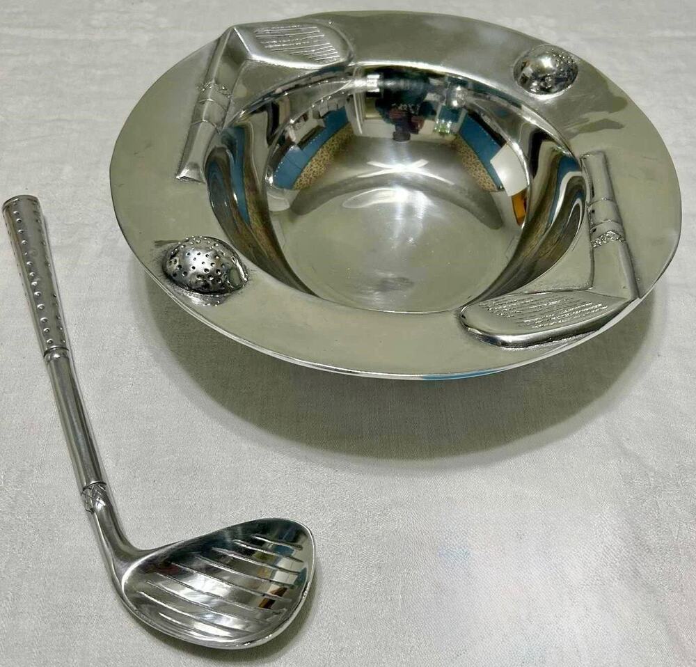 Vintage Pewter Golf Bowl w/ Golf Club Spoon Mexico 12" Decorative Sports Gift